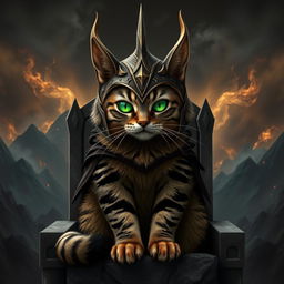 A fantastical depiction of a tabby cat envisioned as Sauron, from the Lord of the Rings universe