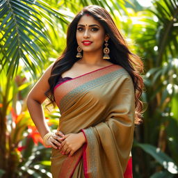 A stunning Indian woman with a curvy figure, confidently wearing a beautifully draped saree that accentuates her ample bosom