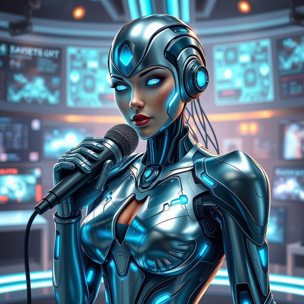 A futuristic female cyborg announcer with sleek metallic features and glowing blue circuits