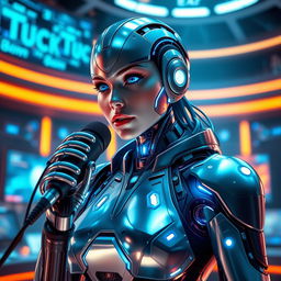 A futuristic female cyborg announcer with sleek metallic features and glowing blue circuits