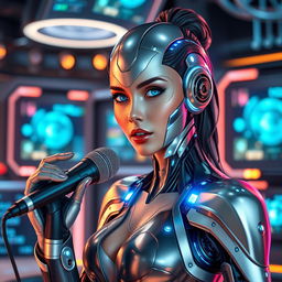 A futuristic female cyborg announcer with sleek metallic features and glowing blue circuits