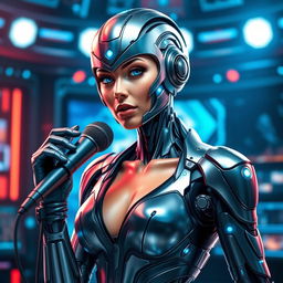 A futuristic female cyborg announcer with sleek metallic features and glowing blue circuits
