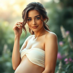 A serene and artistic interpretation of a woman representing motherhood in a natural and elegant pose, featuring soft natural lighting and gentle colors