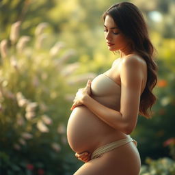 A serene and artistic interpretation of a woman representing motherhood in a natural and elegant pose, featuring soft natural lighting and gentle colors