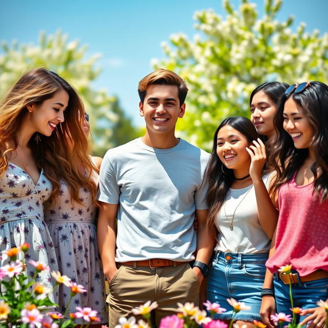 A charming young man surrounded by a diverse group of beautiful girls who are all vying for his attention