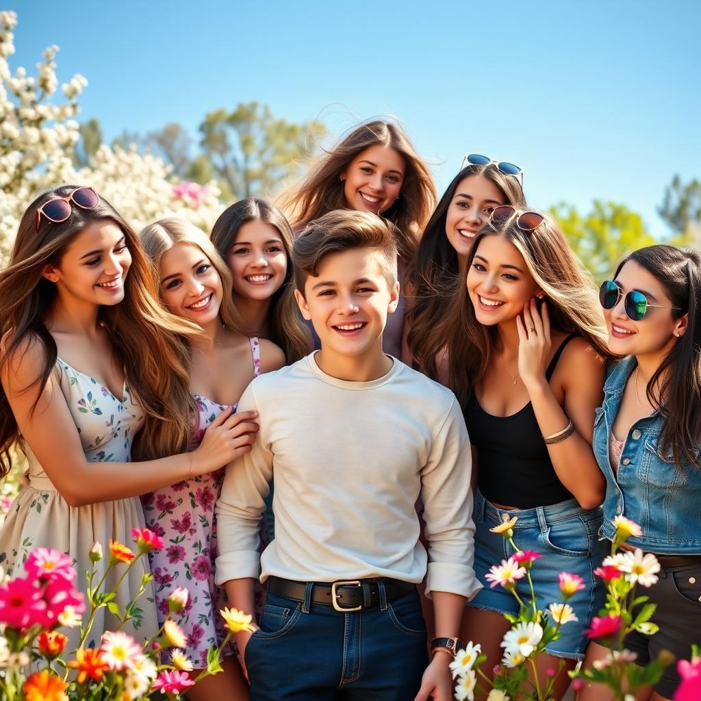 A charming young man surrounded by a diverse group of beautiful girls who are all vying for his attention