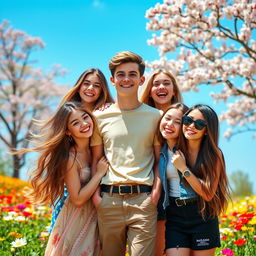 A charming young man surrounded by a diverse group of beautiful girls who are all vying for his attention