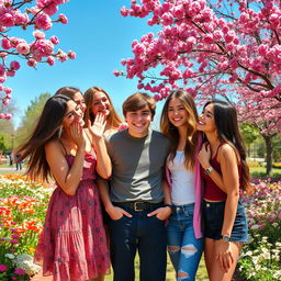 A charming young man surrounded by a diverse group of beautiful girls who are all vying for his attention
