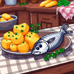 A delightful pixel art scene featuring a plate of potatoes served with herring