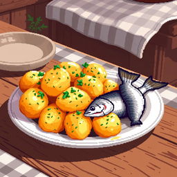 A delightful pixel art scene featuring a plate of potatoes served with herring