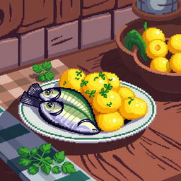 A delightful pixel art scene featuring a plate of potatoes served with herring