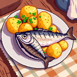 A delightful pixel art scene featuring a plate of potatoes served with herring