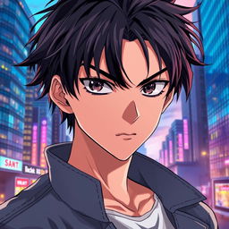 An anime-style male character with intense black eyes and short, messy hair, showcasing a serious expression