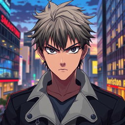 An anime-style male character with intense black eyes and short, messy hair, showcasing a serious expression