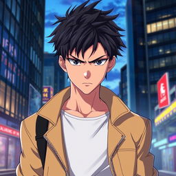 An anime-style male character with intense black eyes and short, messy hair, showcasing a serious expression