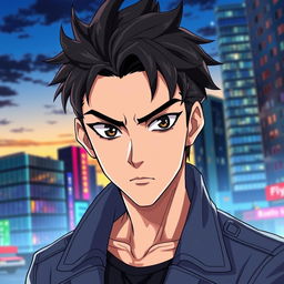 An anime-style male character with intense black eyes and short, messy hair, showcasing a serious expression