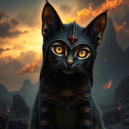 A fantastical depiction of a cat with the formidable aspect of Sauron from the Lord of the Rings series