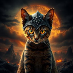 A fantastical depiction of a cat with the formidable aspect of Sauron from the Lord of the Rings series