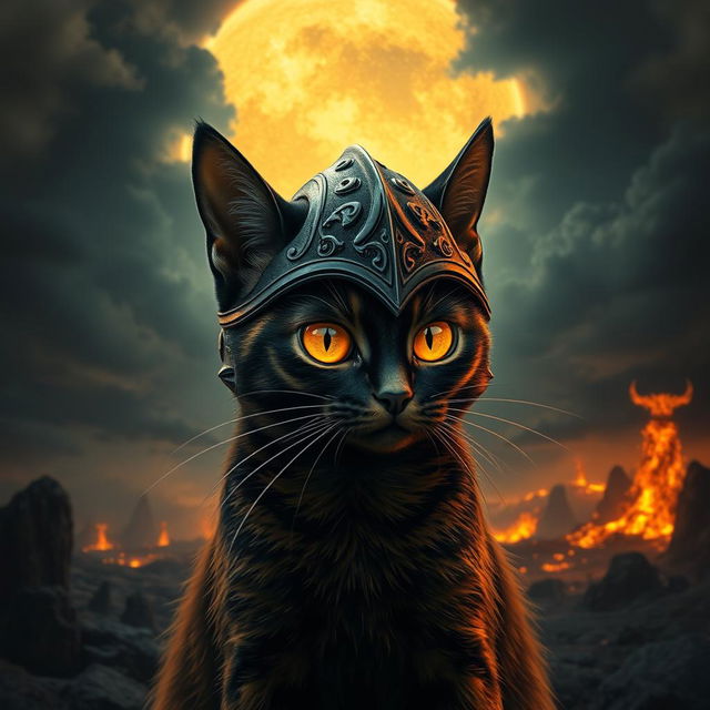 A fantastical depiction of a cat with the formidable aspect of Sauron from the Lord of the Rings series