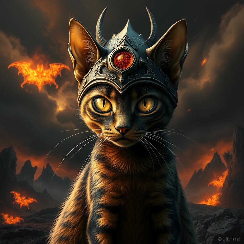 A fantastical depiction of a cat with the formidable aspect of Sauron from the Lord of the Rings series