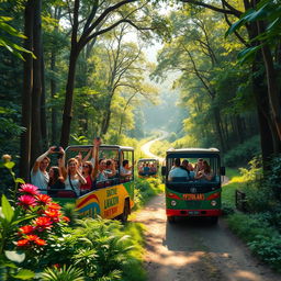 A vibrant tourist bus driving through a lush green forest area, surrounded by towering trees and colorful flora