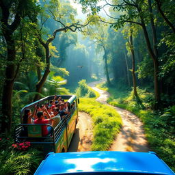 A vibrant tourist bus driving through a lush green forest area, surrounded by towering trees and colorful flora