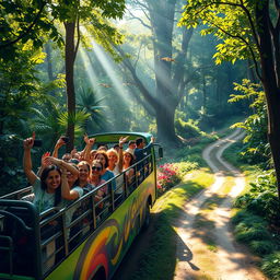 A vibrant tourist bus driving through a lush green forest area, surrounded by towering trees and colorful flora