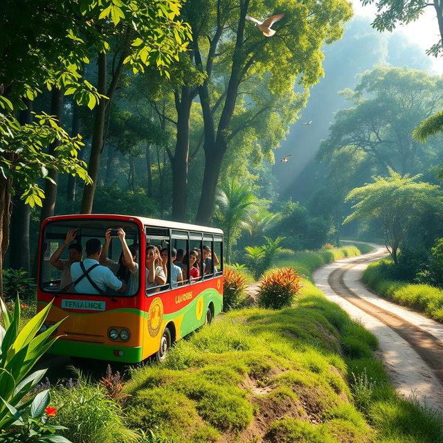 A vibrant tourist bus driving through a lush green forest area, surrounded by towering trees and colorful flora