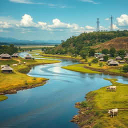 A scenic depiction of the Samia region in Luhya land, featuring a river flowing gracefully from north to south