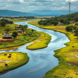 A scenic depiction of the Samia region in Luhya land, featuring a river flowing gracefully from north to south