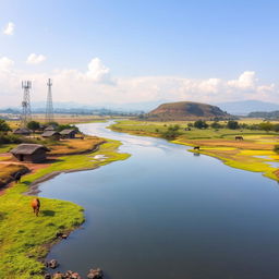 A scenic depiction of the Samia region in Luhya land, featuring a river flowing gracefully from north to south