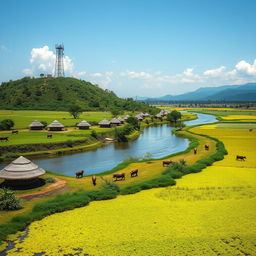 A scenic depiction of the Samia region in Luhya land, featuring a river flowing gracefully from north to south