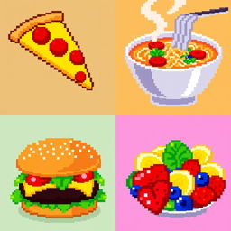 A vibrant pixel art representation of a variety of delicious food items, including a slice of pepperoni pizza, a steaming bowl of ramen, a juicy hamburger with lettuce and tomato, and a colorful fruit salad with strawberries, bananas, and blueberries