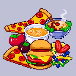 A vibrant pixel art representation of a variety of delicious food items, including a slice of pepperoni pizza, a steaming bowl of ramen, a juicy hamburger with lettuce and tomato, and a colorful fruit salad with strawberries, bananas, and blueberries