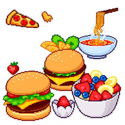 A vibrant pixel art representation of a variety of delicious food items, including a slice of pepperoni pizza, a steaming bowl of ramen, a juicy hamburger with lettuce and tomato, and a colorful fruit salad with strawberries, bananas, and blueberries