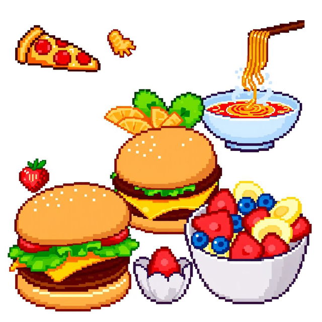 A vibrant pixel art representation of a variety of delicious food items, including a slice of pepperoni pizza, a steaming bowl of ramen, a juicy hamburger with lettuce and tomato, and a colorful fruit salad with strawberries, bananas, and blueberries