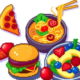 A vibrant pixel art representation of a variety of delicious food items, including a slice of pepperoni pizza, a steaming bowl of ramen, a juicy hamburger with lettuce and tomato, and a colorful fruit salad with strawberries, bananas, and blueberries