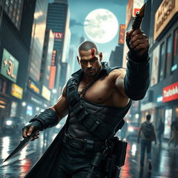 A highly skilled assassin in a stealthy pose, wearing a sleek, tactical outfit adorned with high-tech gadgets