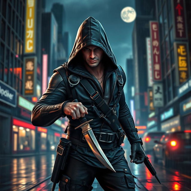 A highly skilled assassin in a stealthy pose, wearing a sleek, tactical outfit adorned with high-tech gadgets