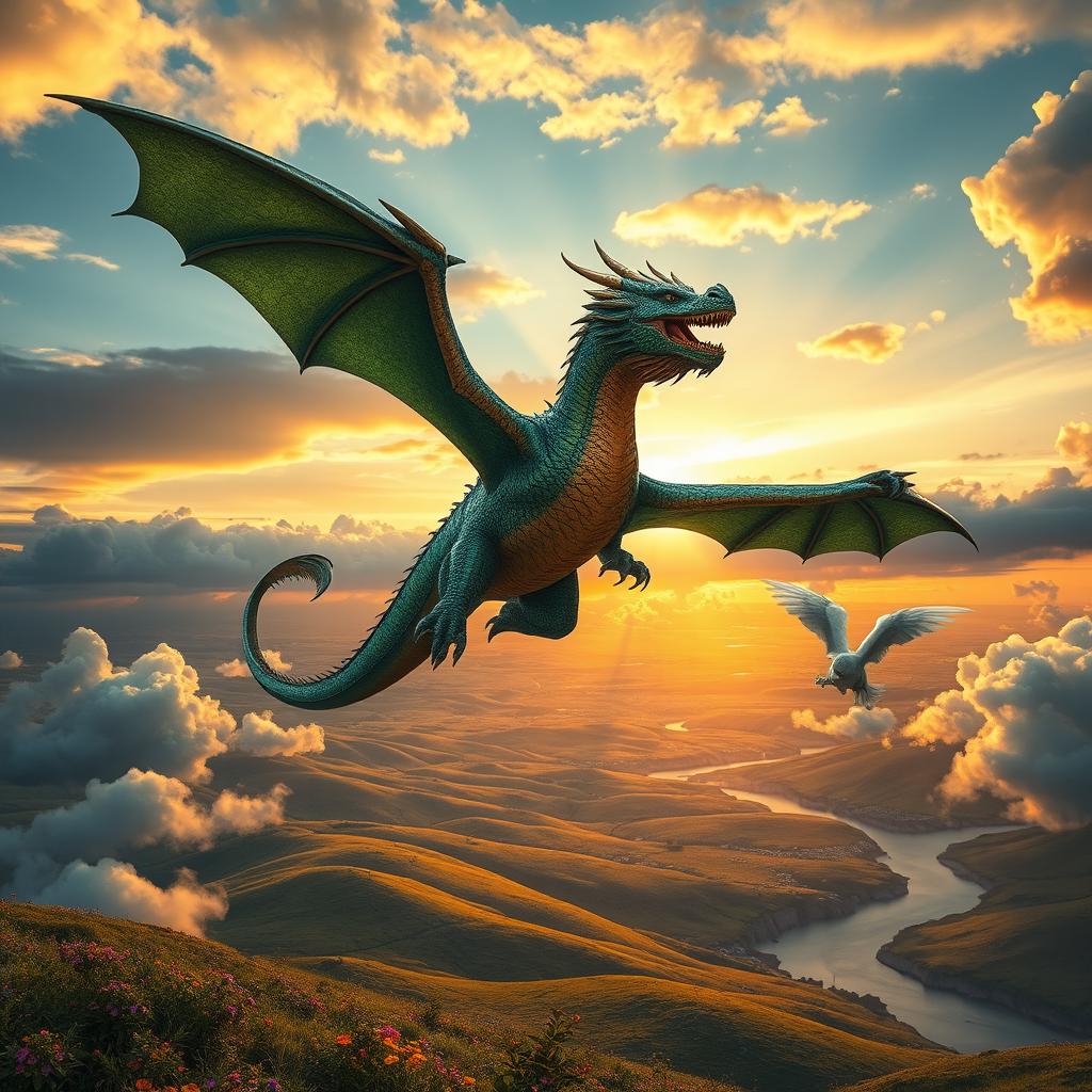 A majestic view of a mighty dragon soaring through a dramatic sunset sky, its scales shimmering with hues of emerald, gold and sapphire