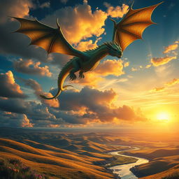 A majestic view of a mighty dragon soaring through a dramatic sunset sky, its scales shimmering with hues of emerald, gold and sapphire