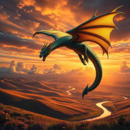 A majestic view of a mighty dragon soaring through a dramatic sunset sky, its scales shimmering with hues of emerald, gold and sapphire