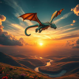 A majestic view of a mighty dragon soaring through a dramatic sunset sky, its scales shimmering with hues of emerald, gold and sapphire