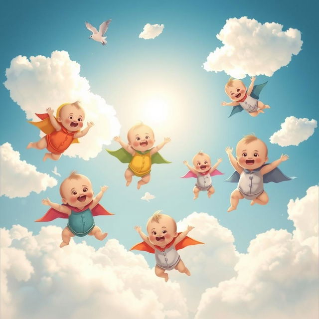 A whimsical scene featuring adorable babies joyfully flying through a bright blue sky filled with fluffy white clouds