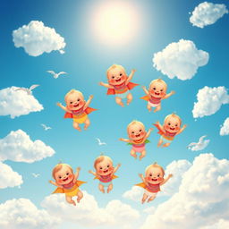 A whimsical scene featuring adorable babies joyfully flying through a bright blue sky filled with fluffy white clouds