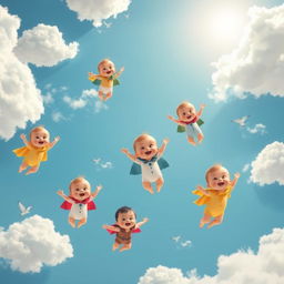 A whimsical scene featuring adorable babies joyfully flying through a bright blue sky filled with fluffy white clouds