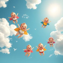 A whimsical scene featuring adorable babies joyfully flying through a bright blue sky filled with fluffy white clouds