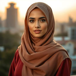 A beautiful woman wearing a hijab, styled elegantly, with intricate patterns and textures on the hijab