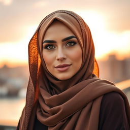 A beautiful woman wearing a hijab, styled elegantly, with intricate patterns and textures on the hijab