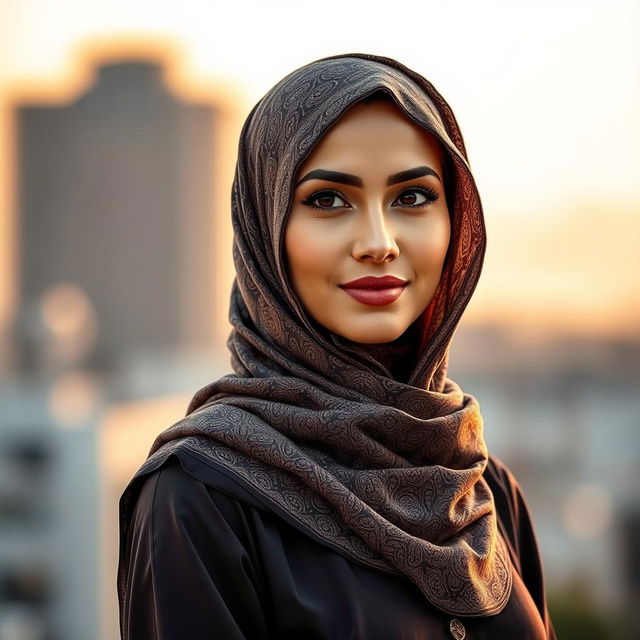 A beautiful woman wearing a hijab, styled elegantly, with intricate patterns and textures on the hijab